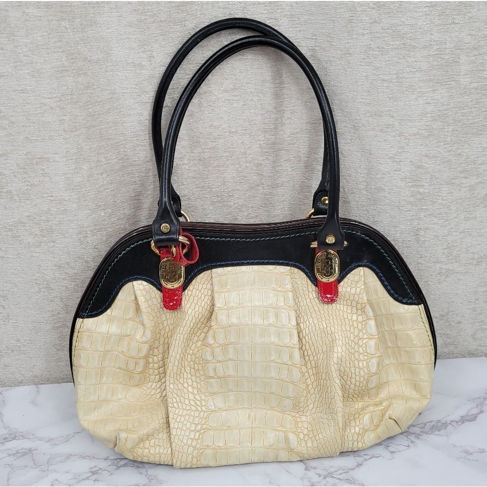 Marino Orlandi Cream Croc Embossed Leather Italian Designer Bag Animal Print